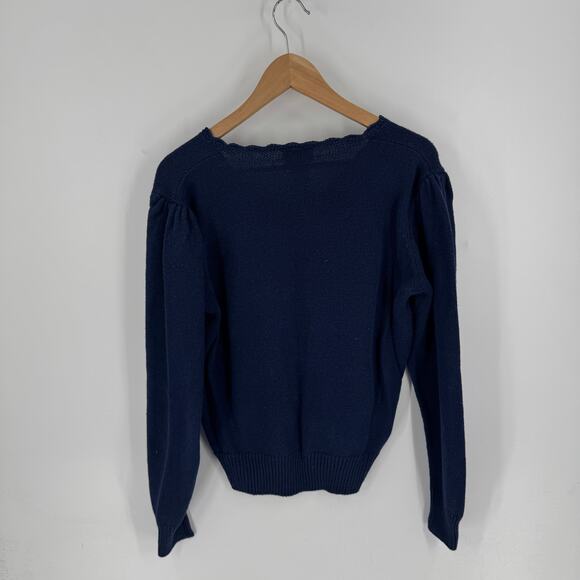 Vintage Erika Floral Embroidered 3D Knit Cardigan Sweater Navy Blue Size Large - Picture 2 of 7